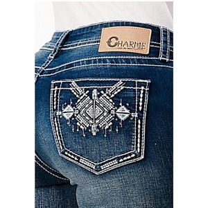 Charme by Grace in LA Women's Aztec Motif Embroidered Bootcut Stretch Jeans